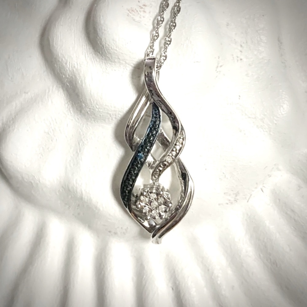 Sterling silver sapphire diamond leaf jeweled necklace vintage